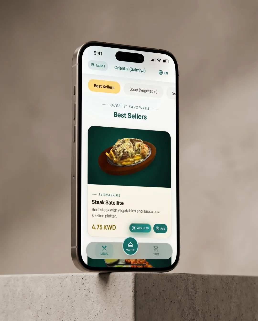 The 3D Menu best-sellers screen, with dishes shown as interactive 3D models
